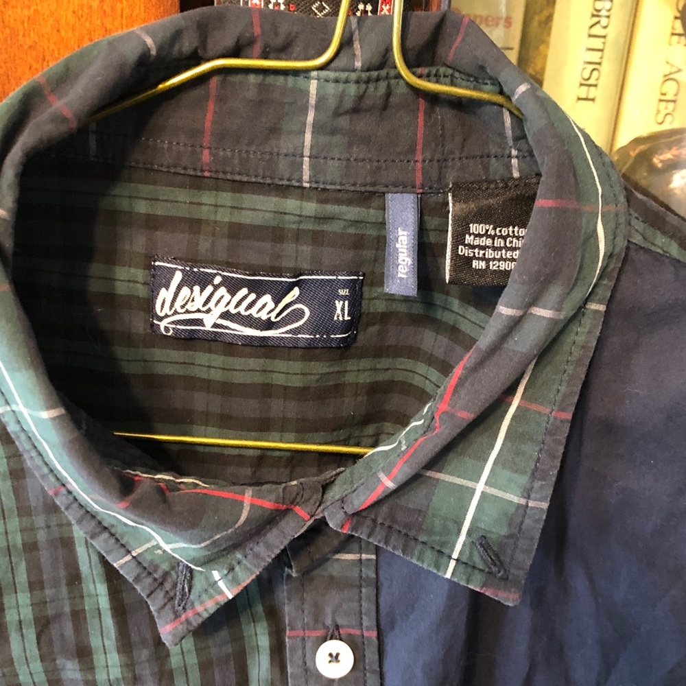 Desigual Navy and Green Half-Plaid Button-Down Shirt